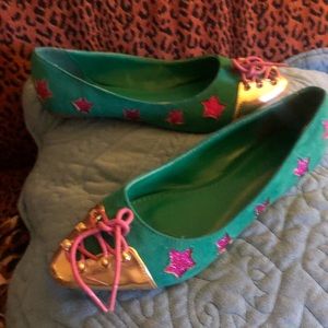Lilianas Womens Size 8 Flat Stars Pink Gold Teal Pointy Toe